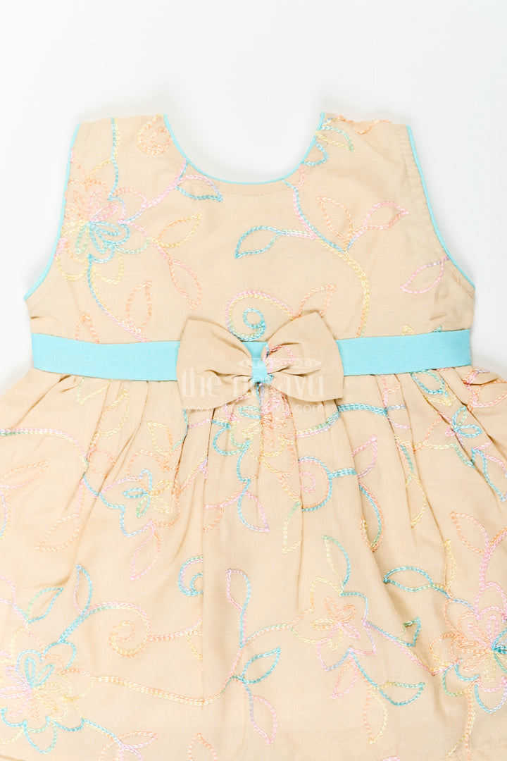 Girls Stylish Cotton Frock with Multicolor Floral Embroidery and Aqua Waist Bow for Everyday Charm