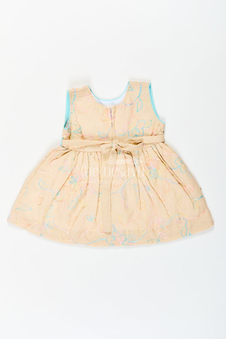 Girls Stylish Cotton Frock with Multicolor Floral Embroidery and Aqua Waist Bow for Everyday Charm