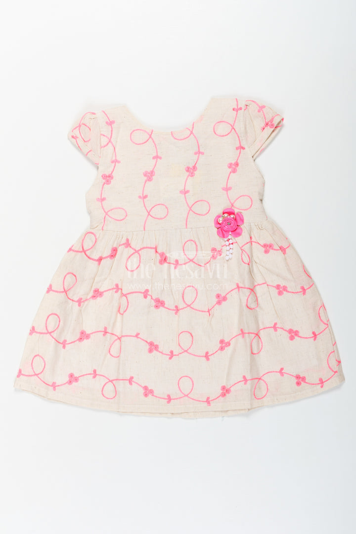 Girls Flax Cotton Beautiful Rose Flower Frock with Bright Embroidery and Floral Appliqué Detailing