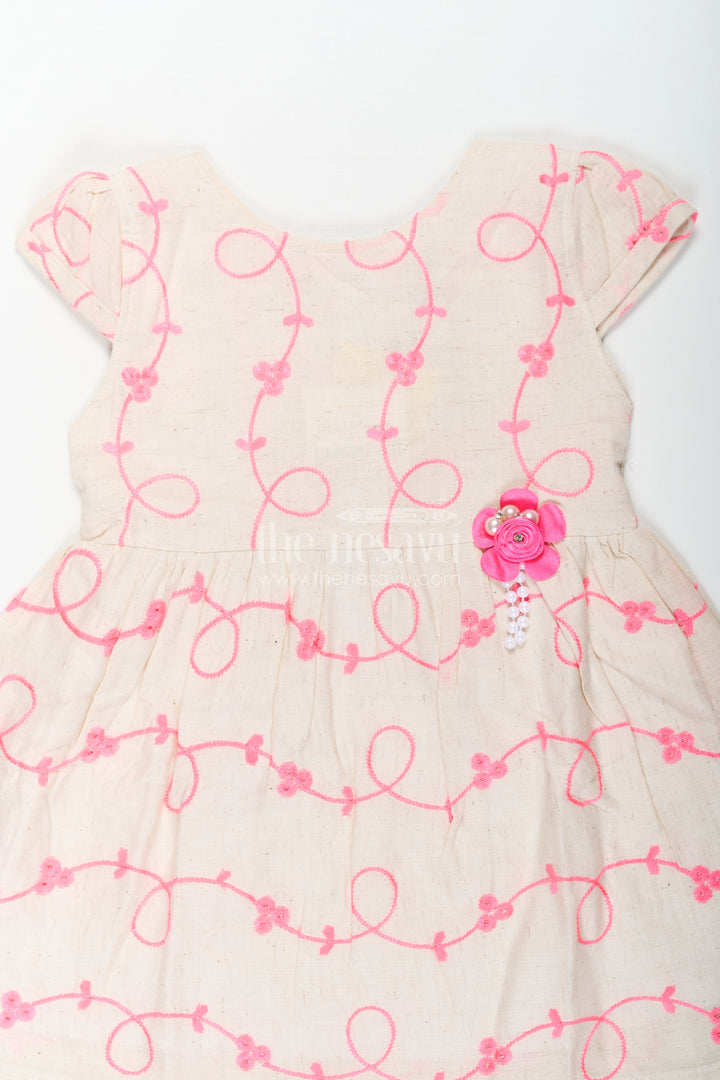Girls Flax Cotton Beautiful Rose Flower Frock with Bright Embroidery and Floral Appliqué Detailing