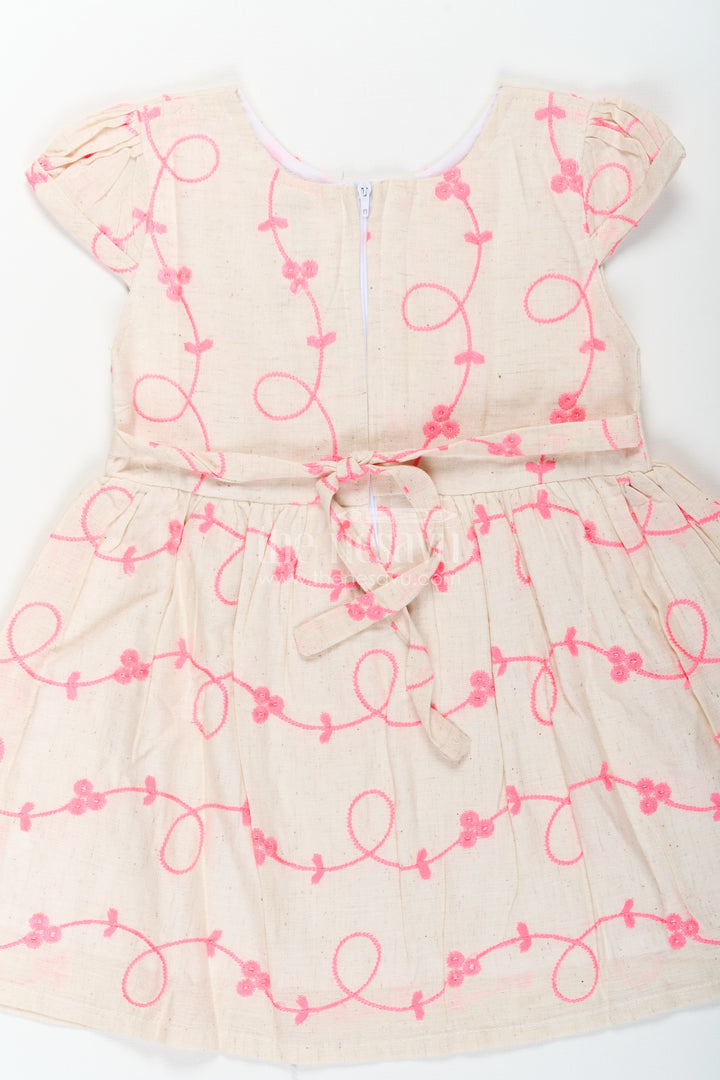 Girls Flax Cotton Beautiful Rose Flower Frock with Bright Embroidery and Floral Appliqué Detailing