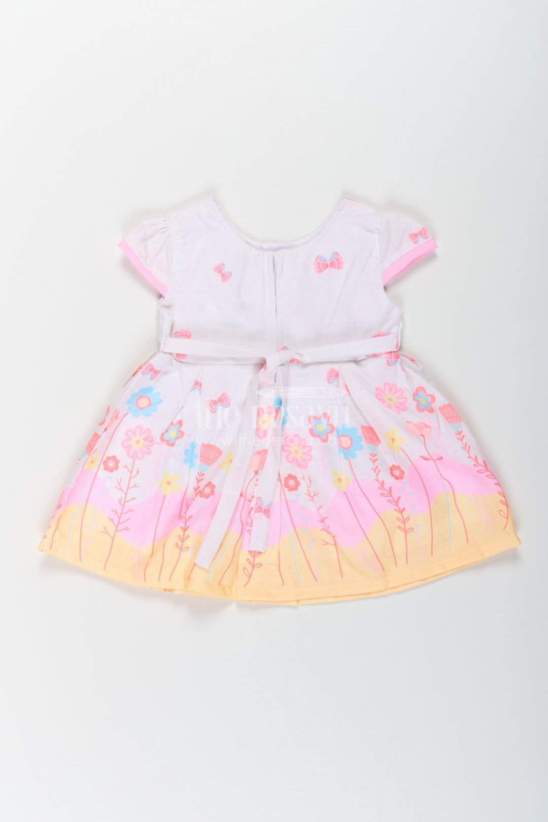 Girls Colorful Birthday Dress in Soft Cotton with Bright Floral Print and Pink Bow Accent