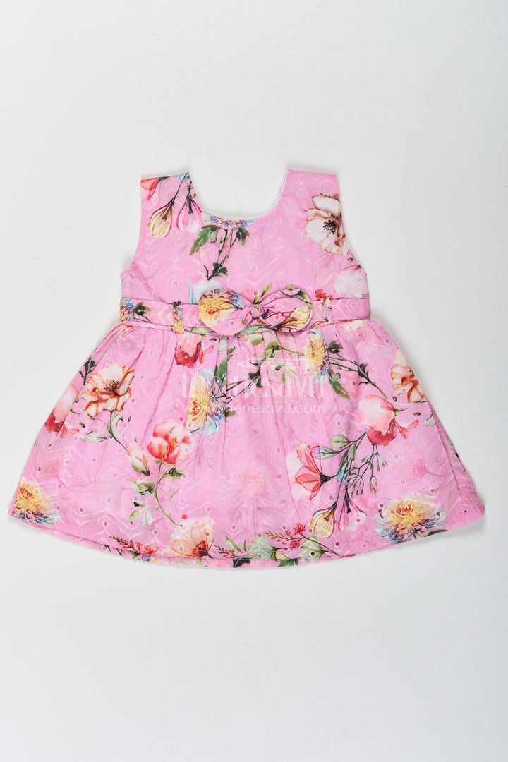 Girls Sleeveless Flower Frock in Hakoba Cotton with Multicolor Floral Print and Soft Pink Base