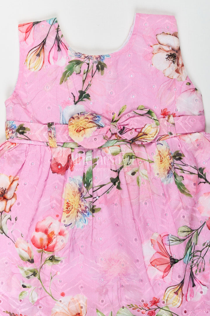 Girls Sleeveless Flower Frock in Hakoba Cotton with Multicolor Floral Print and Soft Pink Base
