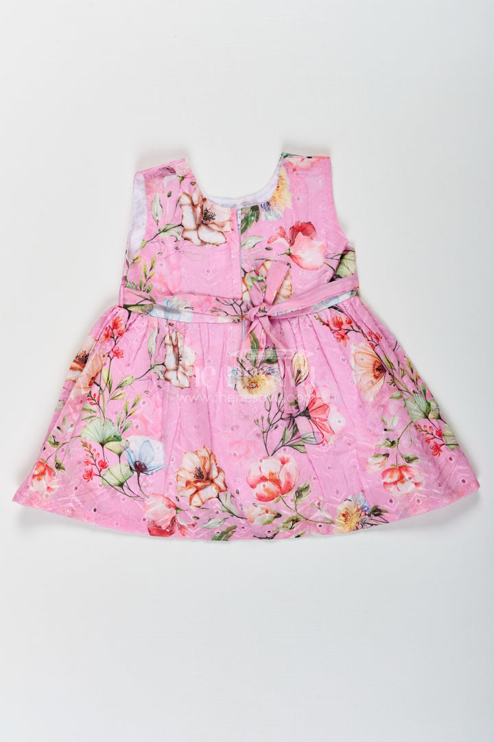 Girls Sleeveless Flower Frock in Hakoba Cotton with Multicolor Floral Print and Soft Pink Base