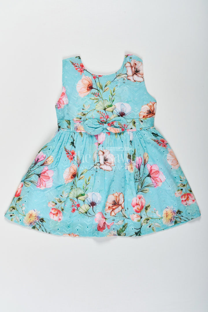 Girls Frock with Belt in Hakoba Cotton Featuring Multicolor Floral Print and Elegant Green Hue