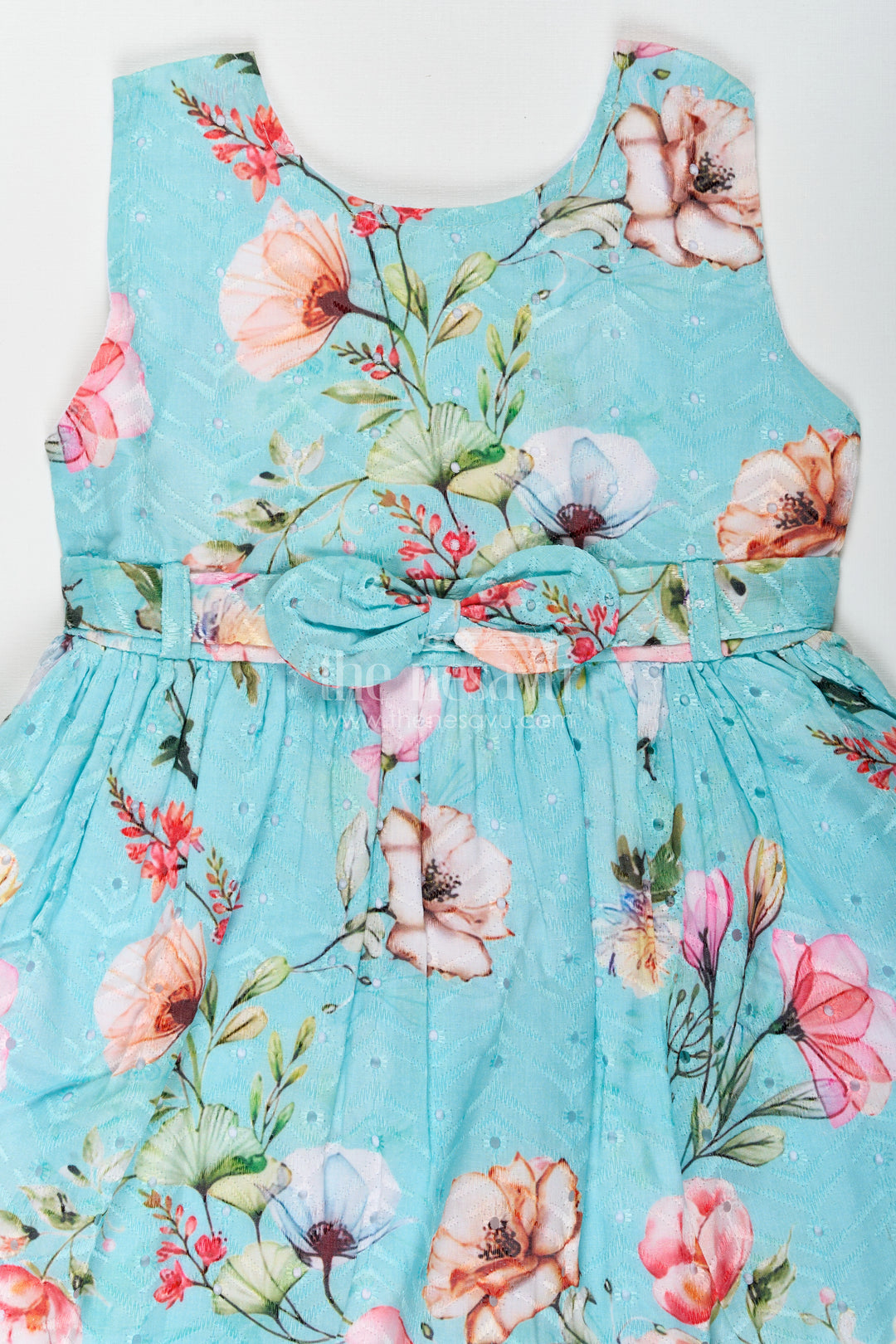 Girls Frock with Belt in Hakoba Cotton Featuring Multicolor Floral Print and Elegant Green Hue