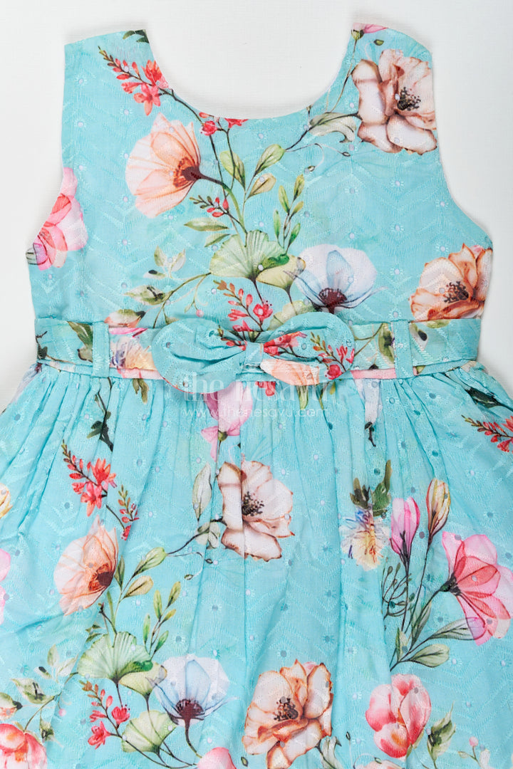 Girls Frock with Belt in Hakoba Cotton Featuring Multicolor Floral Print and Elegant Green Hue