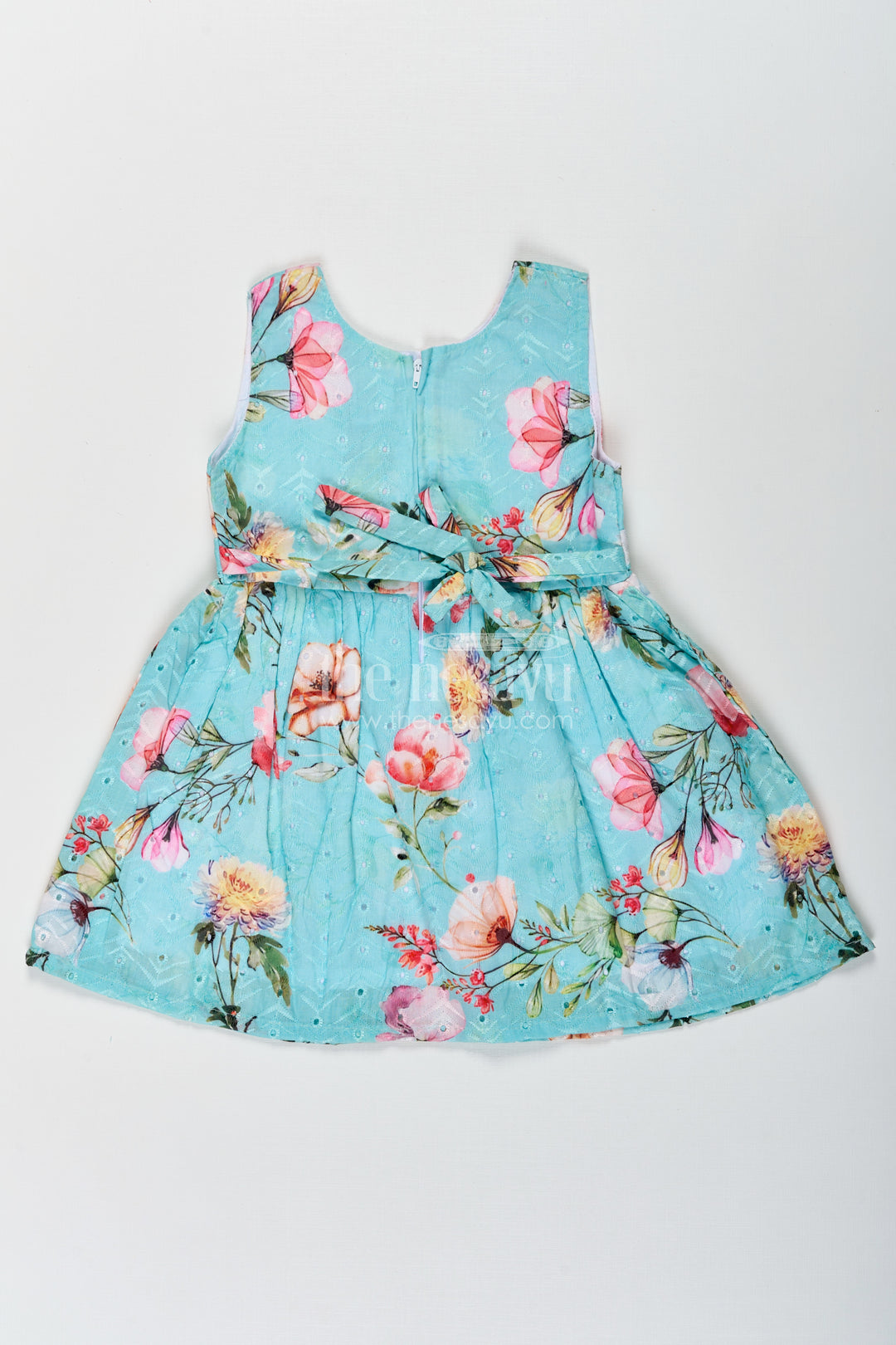Girls Frock with Belt in Hakoba Cotton Featuring Multicolor Floral Print and Elegant Green Hue