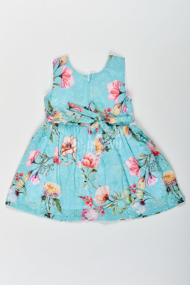 Girls Frock with Belt in Hakoba Cotton Featuring Multicolor Floral Print and Elegant Green Hue