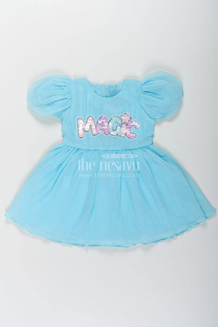 Baby Girls Floral Organza Frock in Chinon Chiffon with Puff Sleeves and Magic Sequin Embroidery