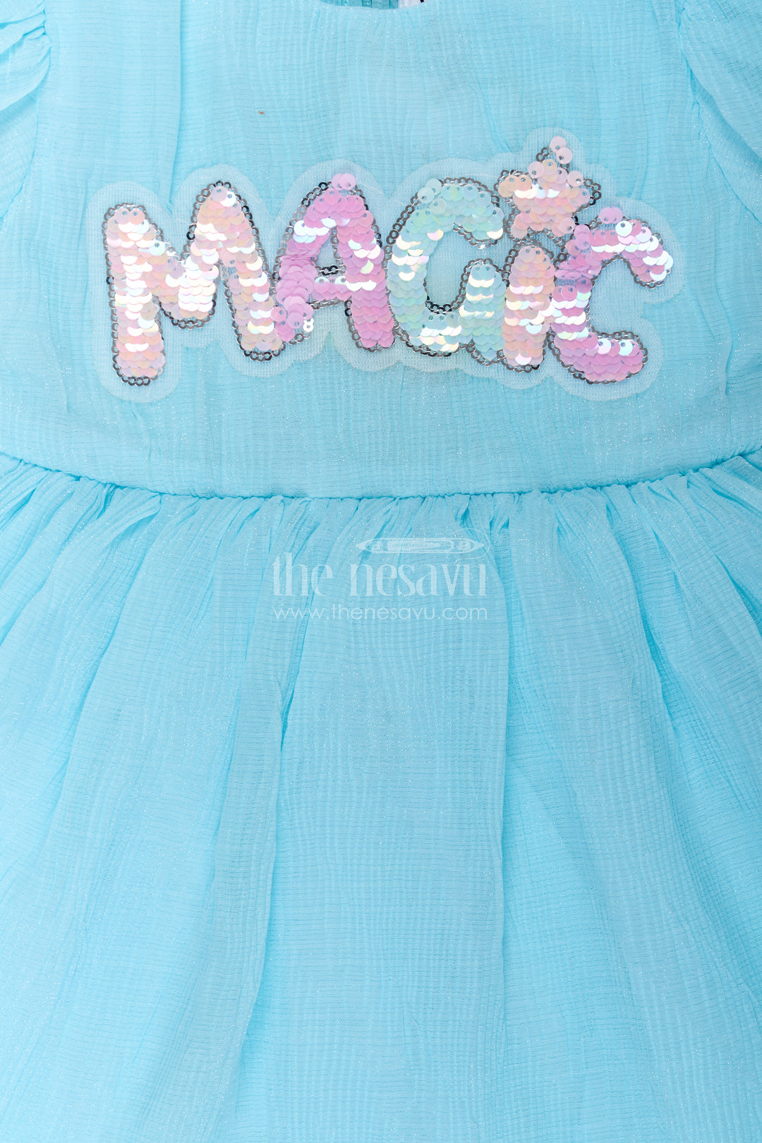 Baby Girls Floral Organza Frock in Chinon Chiffon with Puff Sleeves and Magic Sequin Embroidery