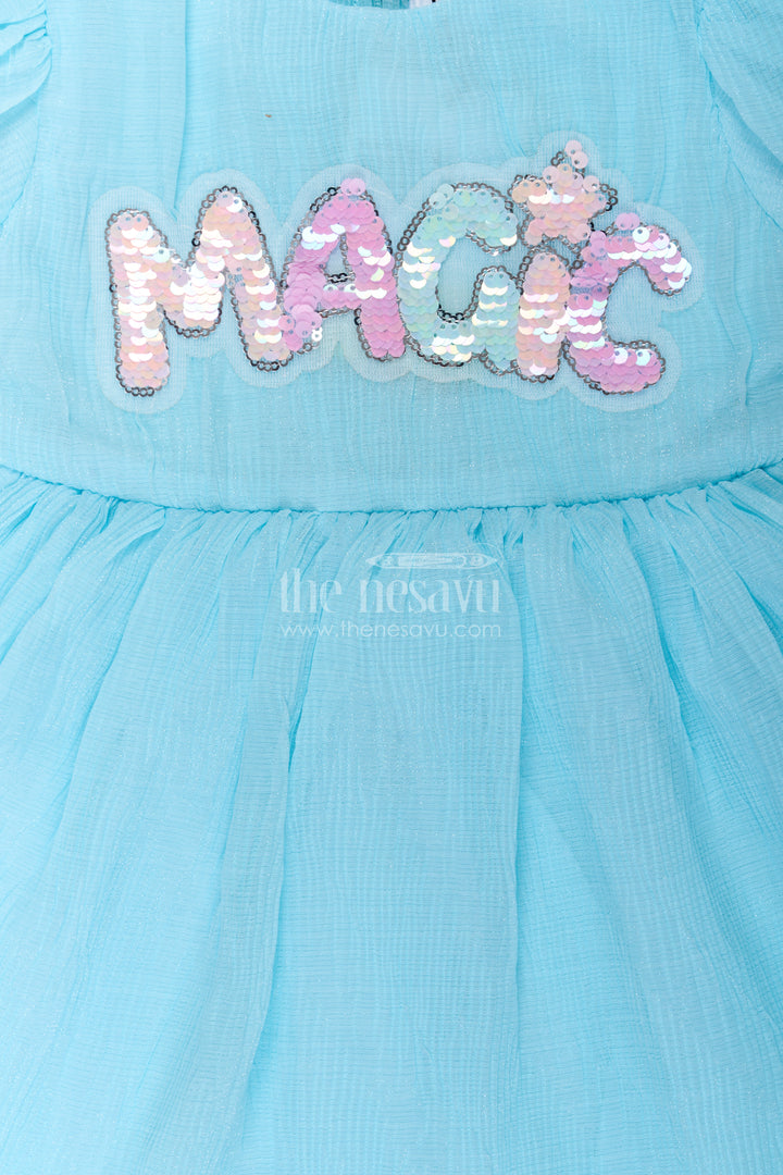 Baby Girls Floral Organza Frock in Chinon Chiffon with Puff Sleeves and Magic Sequin Embroidery