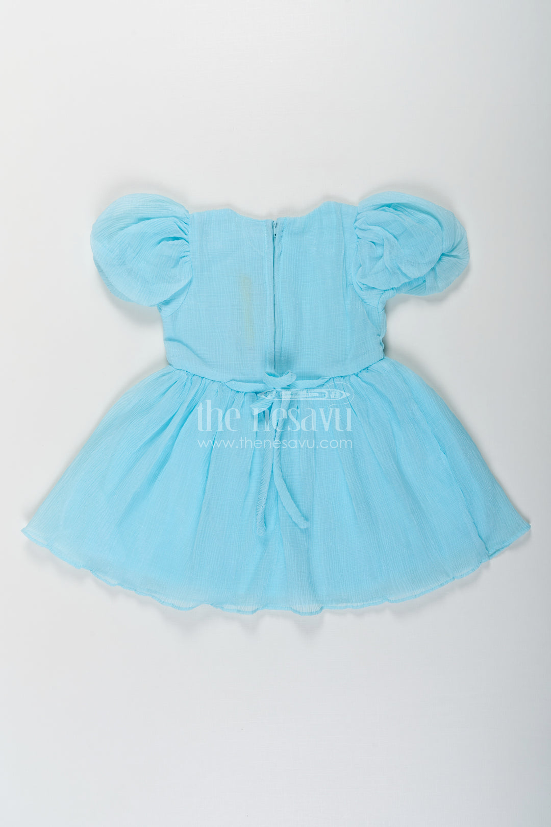 Baby Girls Floral Organza Frock in Chinon Chiffon with Puff Sleeves and Magic Sequin Embroidery