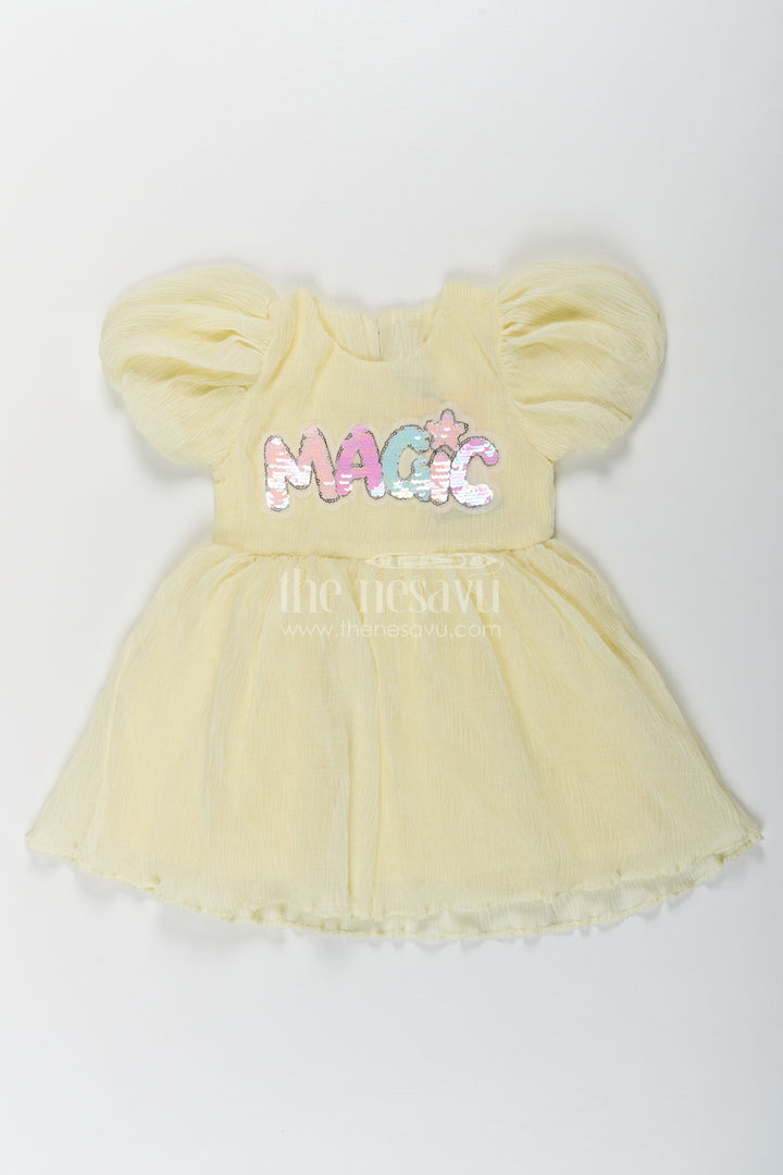Baby Girls Light Green Dress in Chinon Chiffon with Puff Sleeves and Magic Sequin Embroidery
