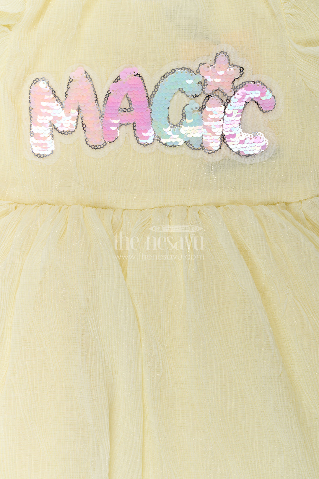 Baby Girls Light Green Dress in Chinon Chiffon with Puff Sleeves and Magic Sequin Embroidery