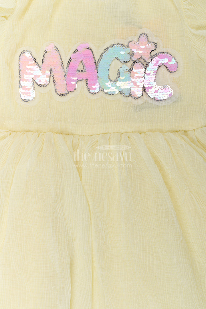 Baby Girls Light Green Dress in Chinon Chiffon with Puff Sleeves and Magic Sequin Embroidery