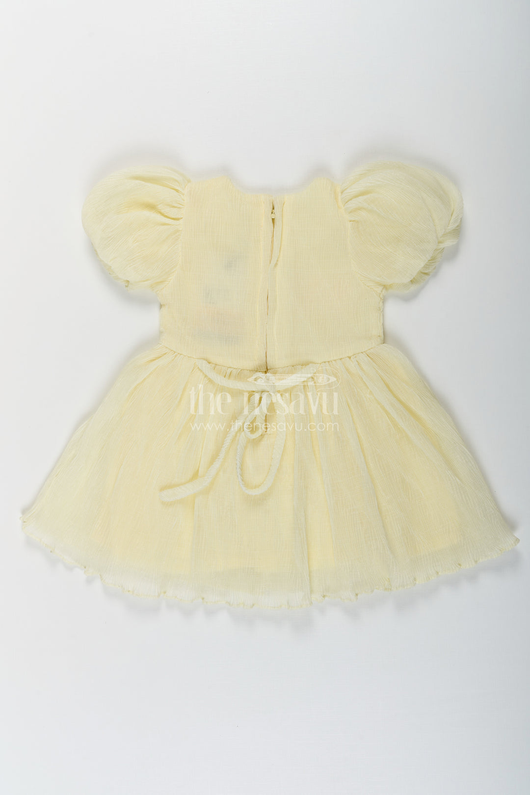 Baby Girls Light Green Dress in Chinon Chiffon with Puff Sleeves and Magic Sequin Embroidery