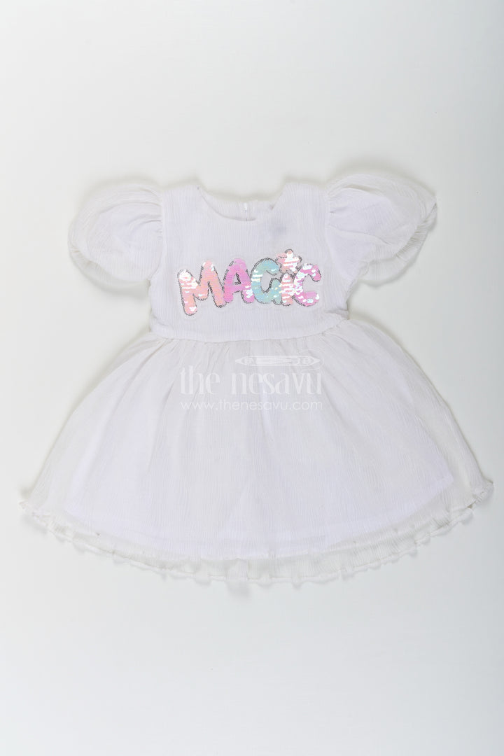 Baby Girls Chun Wala Frock in White Chinon Chiffon with Sequin Magic Letter Embroidery