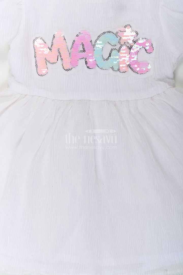 Baby Girls Chun Wala Frock in White Chinon Chiffon with Sequin Magic Letter Embroidery