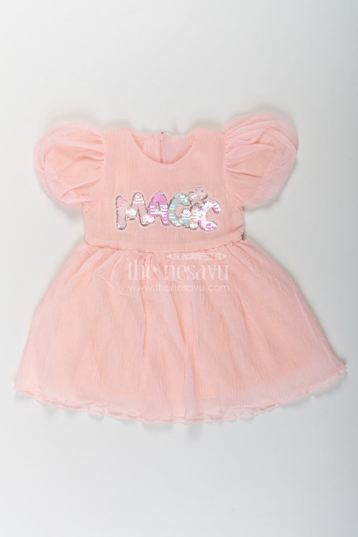 Baby Girls Pink Floral Frock in Chinon Chiffon with Sequin Embroidery and Puff Sleeves
