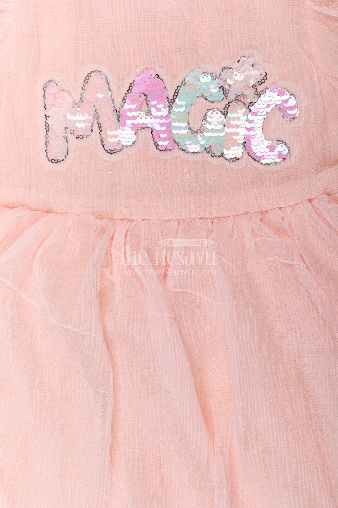 Baby Girls Pink Floral Frock in Chinon Chiffon with Sequin Embroidery and Puff Sleeves