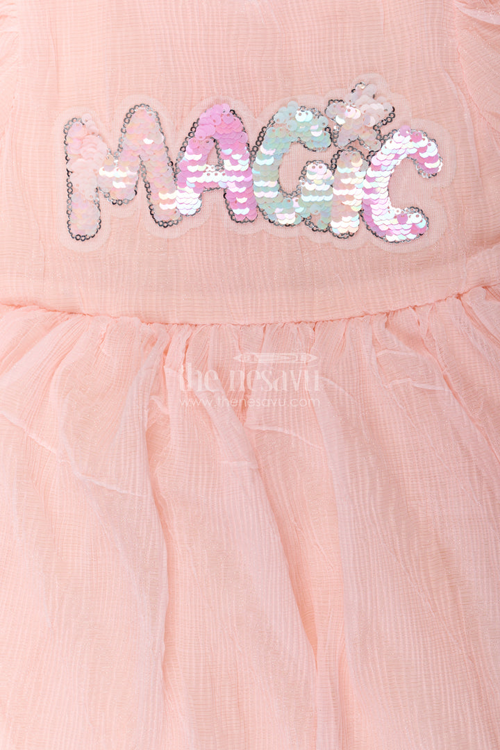 Baby Girls Pink Floral Frock in Chinon Chiffon with Sequin Embroidery and Puff Sleeves