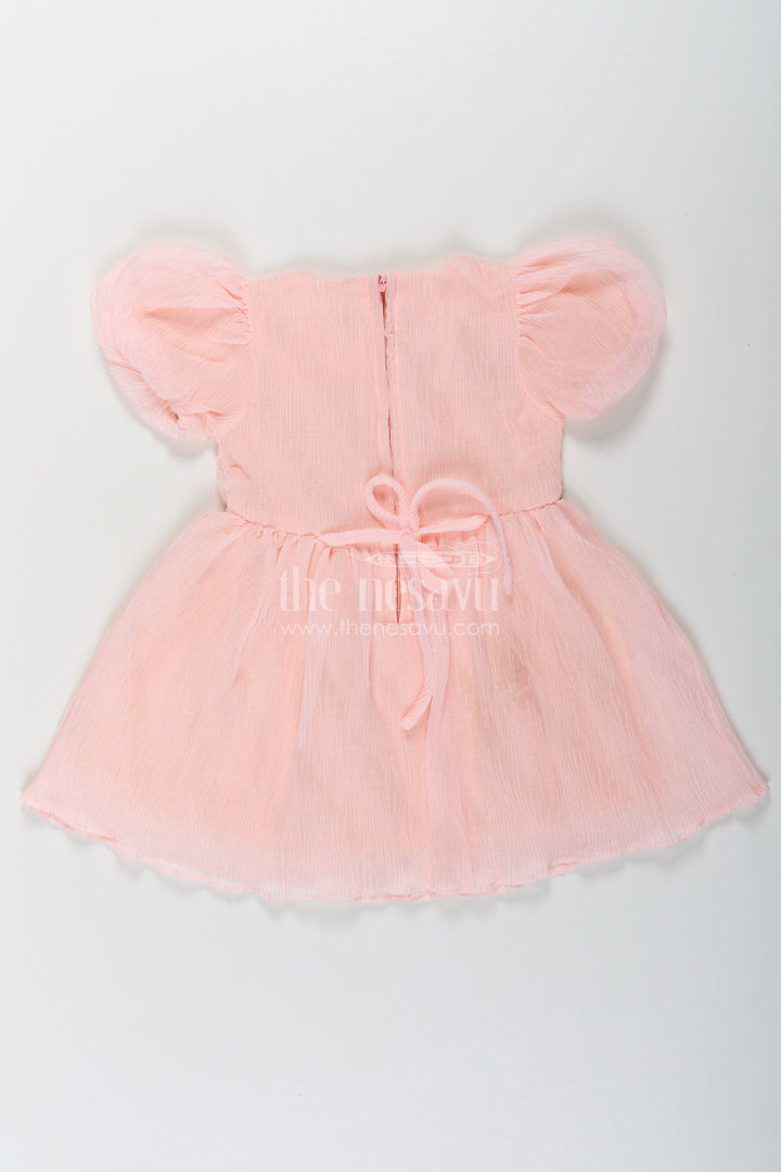 Baby Girls Pink Floral Frock in Chinon Chiffon with Sequin Embroidery and Puff Sleeves
