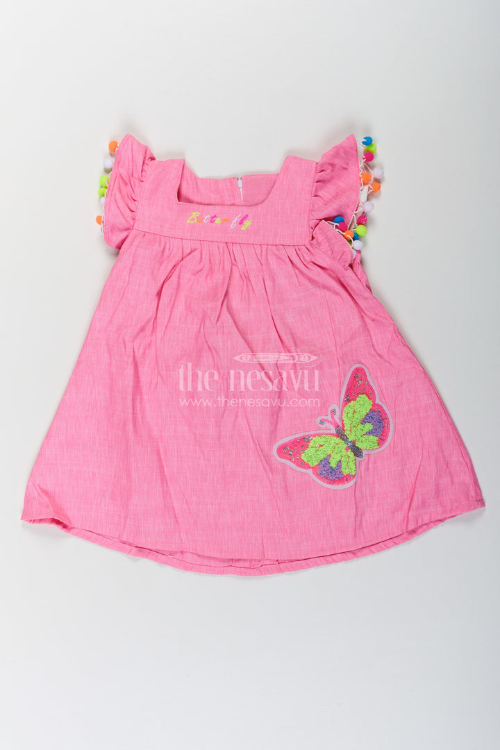 Chhote Bacchon Ke Liye Frock in Pink Cotton Blend with Pom Poms and Butterfly Patch Embroidery