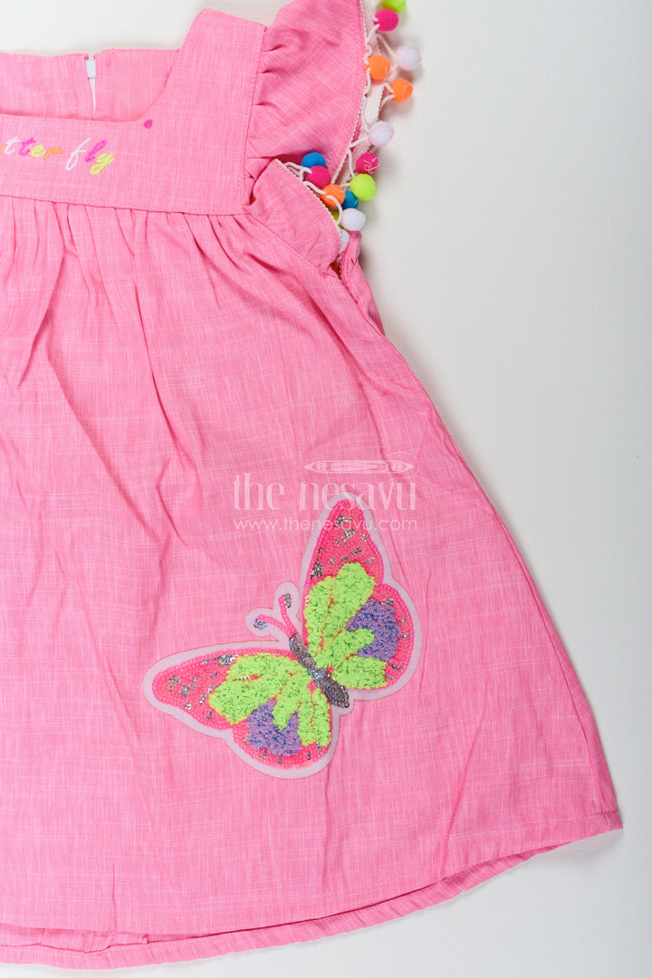 Chhote Bacchon Ke Liye Frock in Pink Cotton Blend with Pom Poms and Butterfly Patch Embroidery