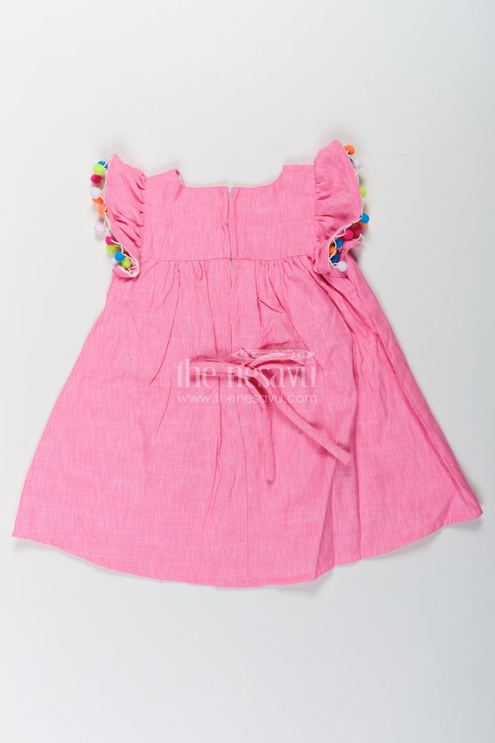 Chhote Bacchon Ke Liye Frock in Pink Cotton Blend with Pom Poms and Butterfly Patch Embroidery