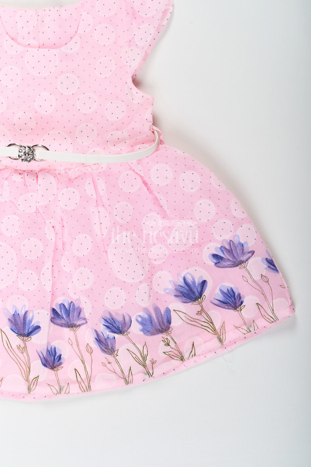 Baby Girls Floral Short Frock in Pink Cotton Blend with Digital Print and Matching Accessories