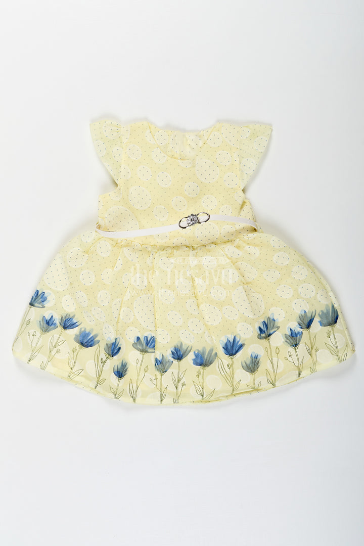 Girls Yellow Cotton Blend Polka Dot Frock with Blue Floral Hem and Flared Sleeves for Baby Wear