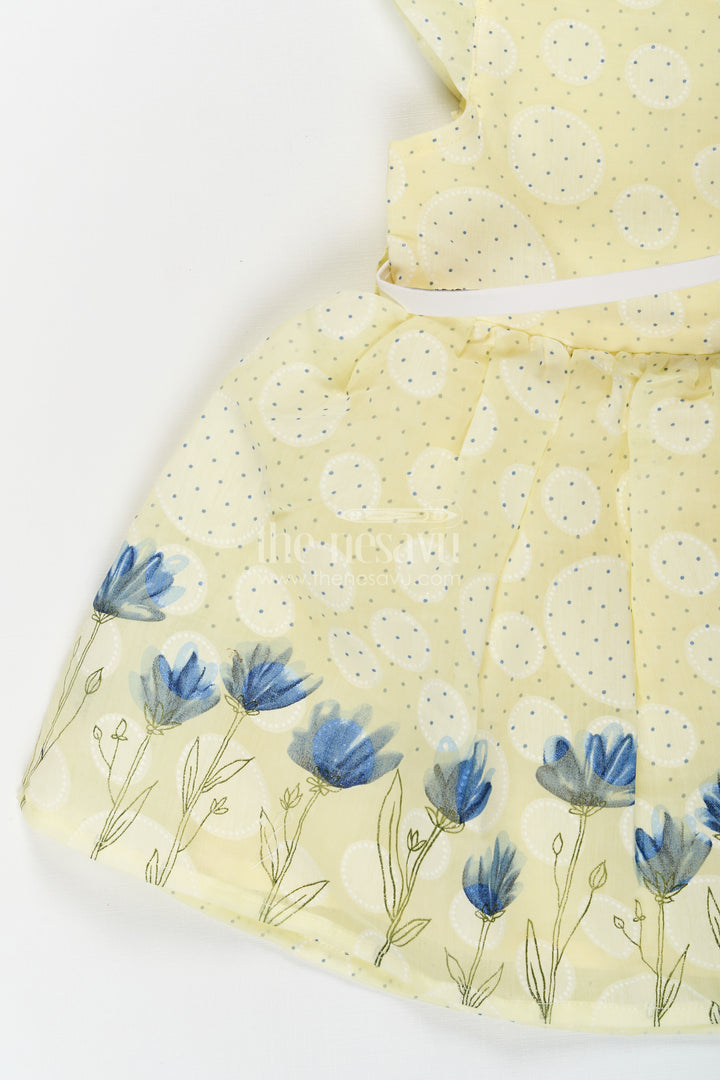 Girls Yellow Cotton Blend Polka Dot Frock with Blue Floral Hem and Flared Sleeves for Baby Wear