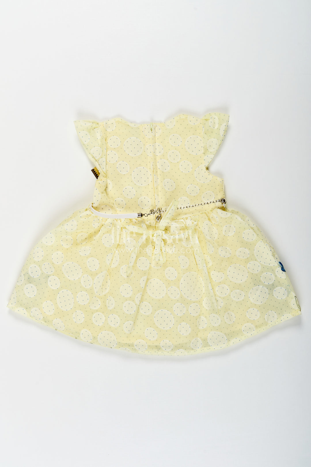 Girls Yellow Cotton Blend Polka Dot Frock with Blue Floral Hem and Flared Sleeves for Baby Wear