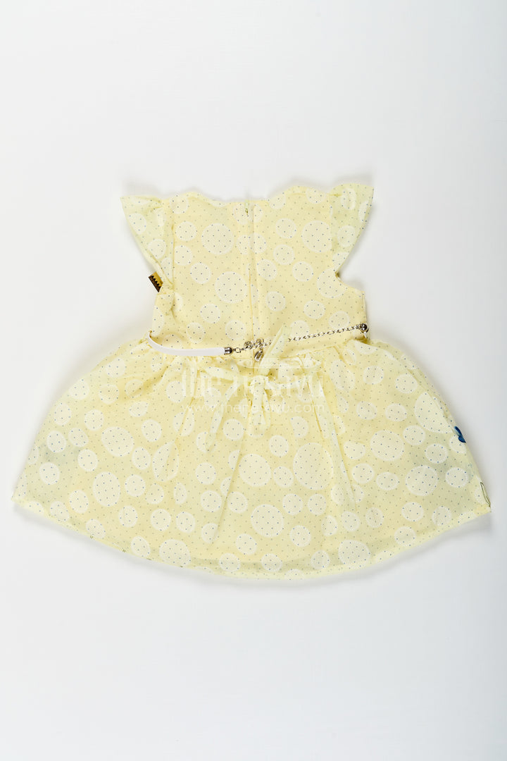 Girls Yellow Cotton Blend Polka Dot Frock with Blue Floral Hem and Flared Sleeves for Baby Wear