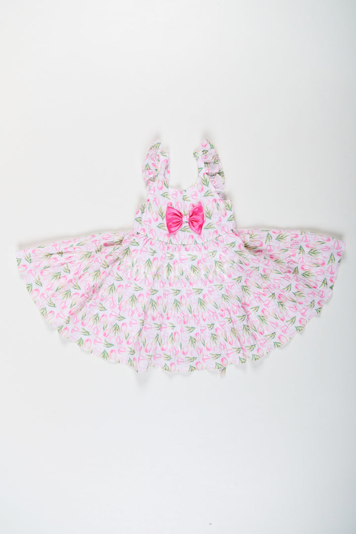Girls Pink Casual Frock Dress with Floral Digital Print and Front Bow in Chiffon for Baby Wear