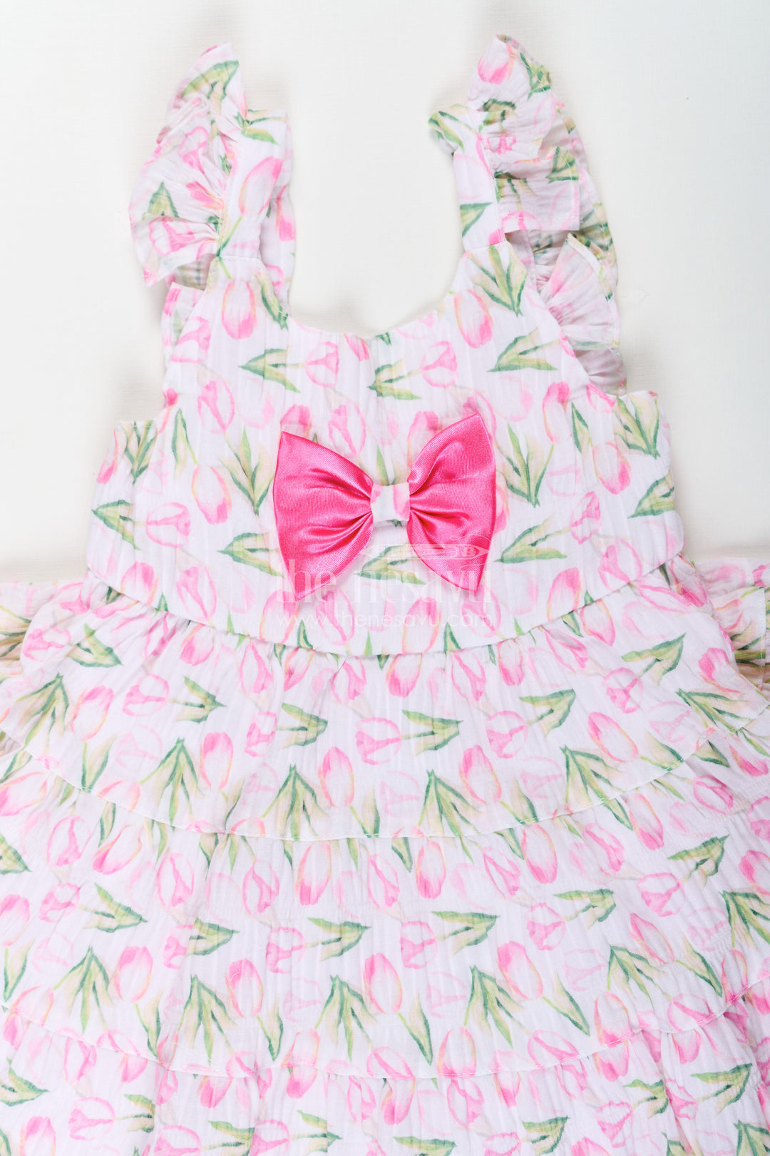 Girls Pink Casual Frock Dress with Floral Digital Print and Front Bow in Chiffon for Baby Wear