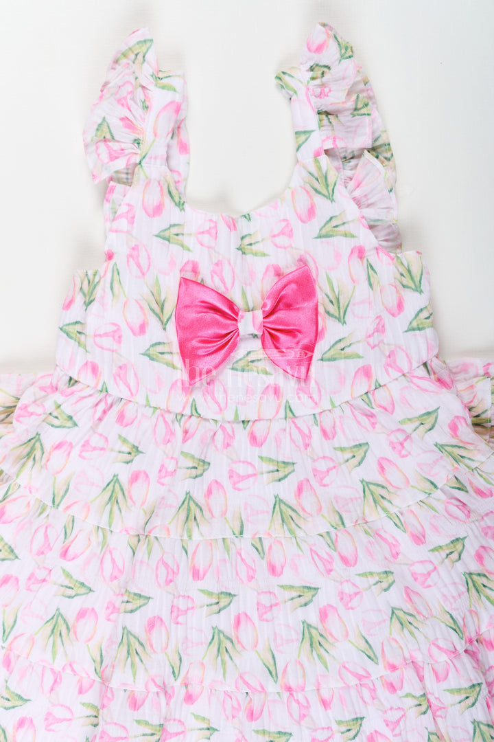 Girls Pink Casual Frock Dress with Floral Digital Print and Front Bow in Chiffon for Baby Wear
