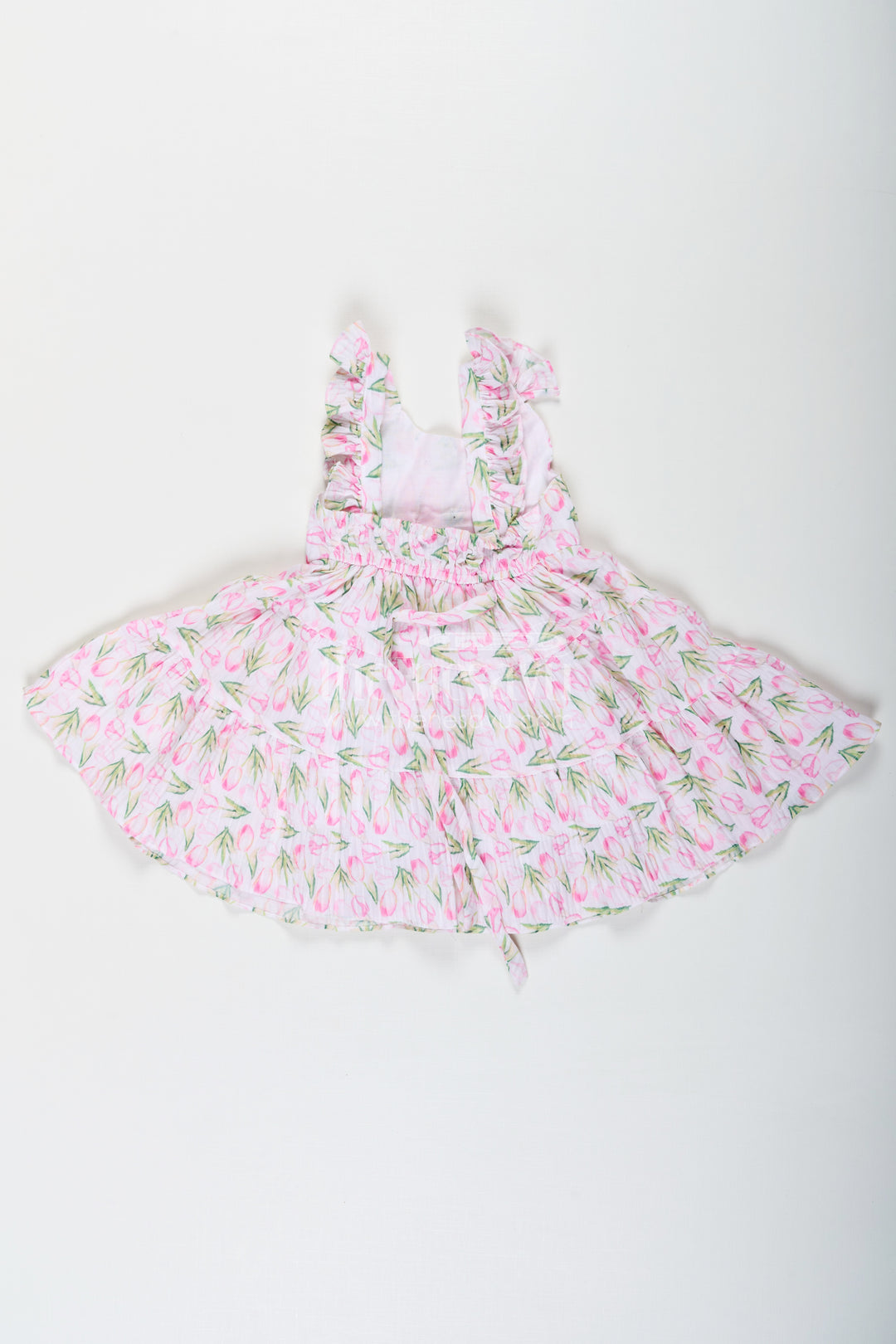 Girls Pink Casual Frock Dress with Floral Digital Print and Front Bow in Chiffon for Baby Wear