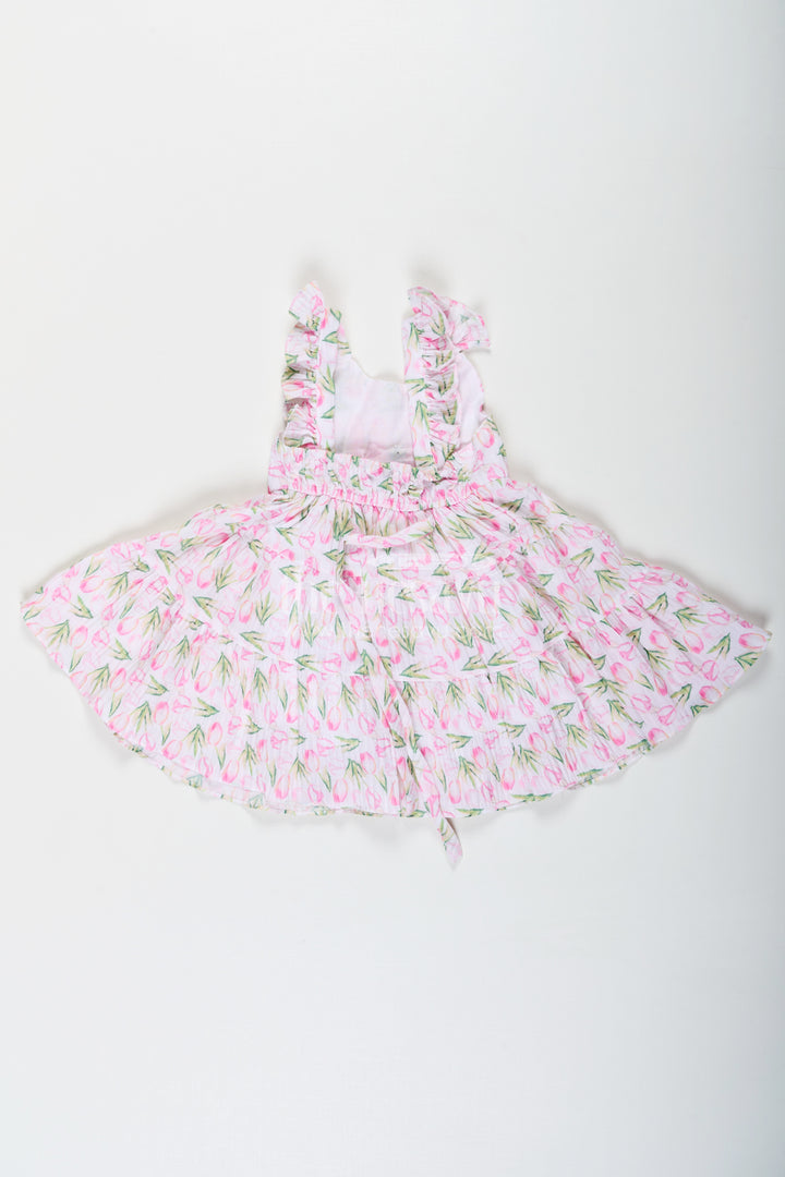 Girls Pink Casual Frock Dress with Floral Digital Print and Front Bow in Chiffon for Baby Wear
