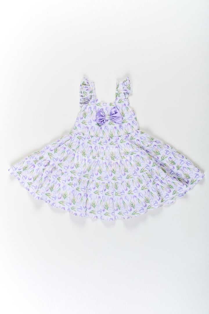 Girls Purple Floral Frocks with Sleeves in Chiffon Featuring Layered Ruffles and Bow Detail