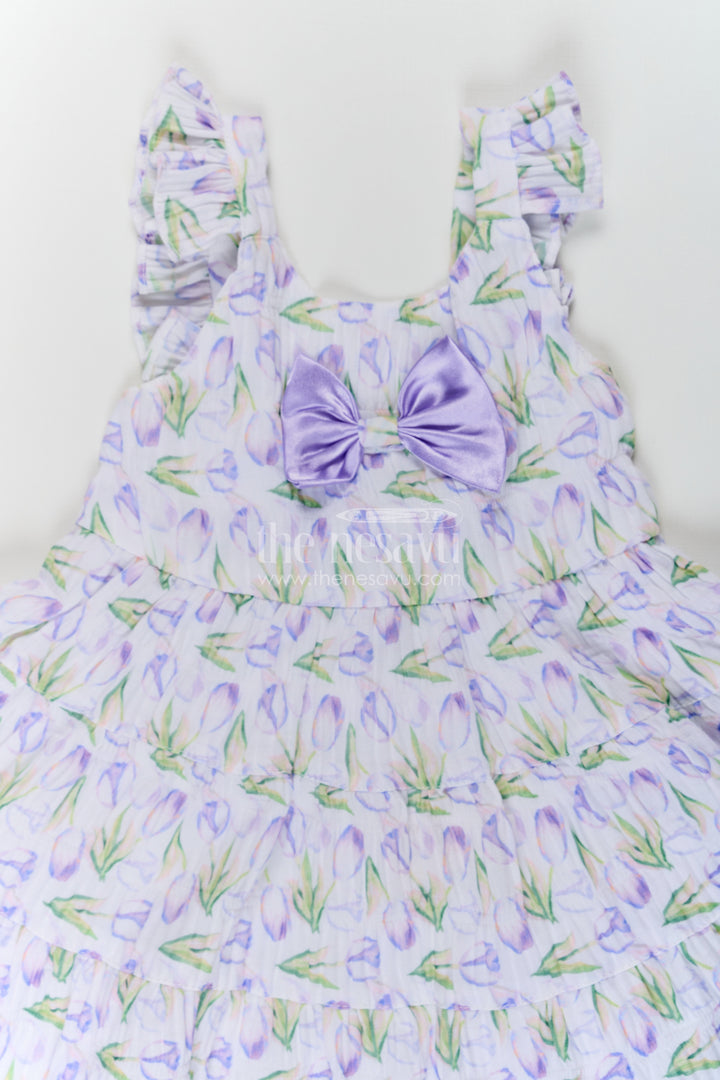 Girls Purple Floral Frocks with Sleeves in Chiffon Featuring Layered Ruffles and Bow Detail
