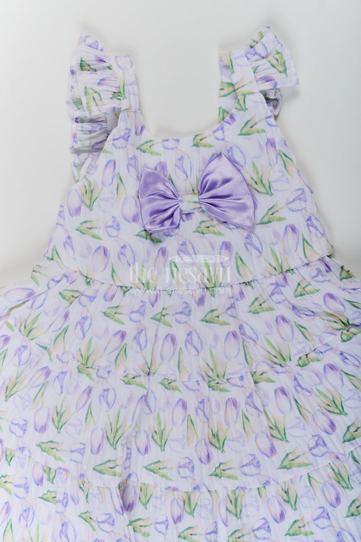 Girls Purple Floral Frocks with Sleeves in Chiffon Featuring Layered Ruffles and Bow Detail
