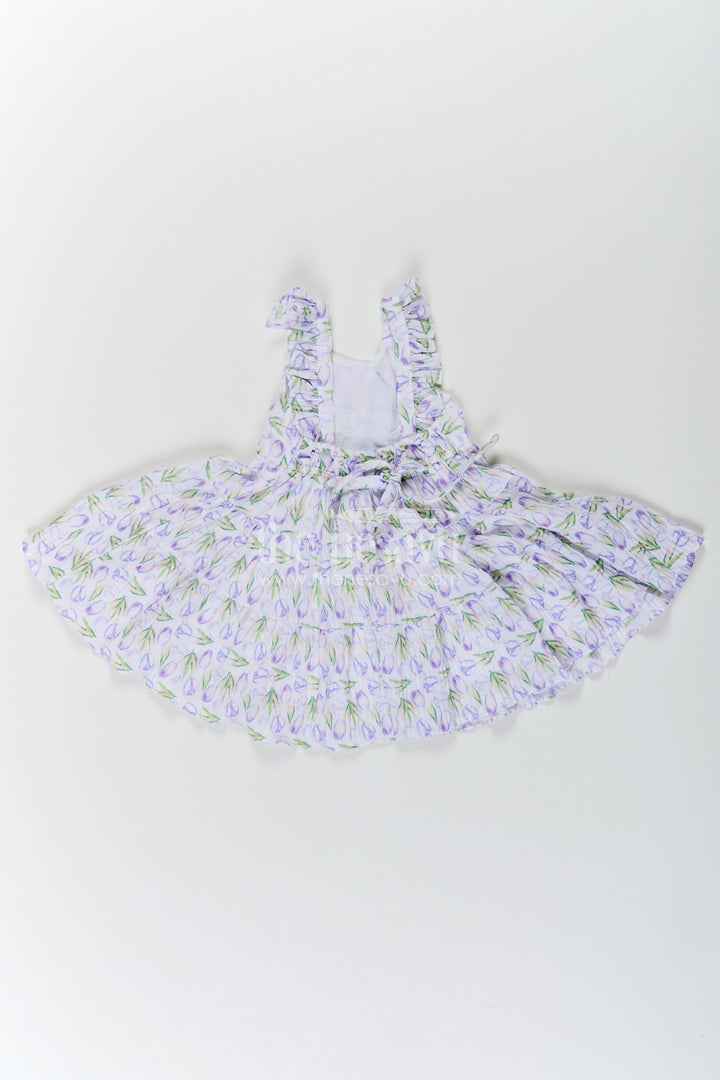 Girls Purple Floral Frocks with Sleeves in Chiffon Featuring Layered Ruffles and Bow Detail