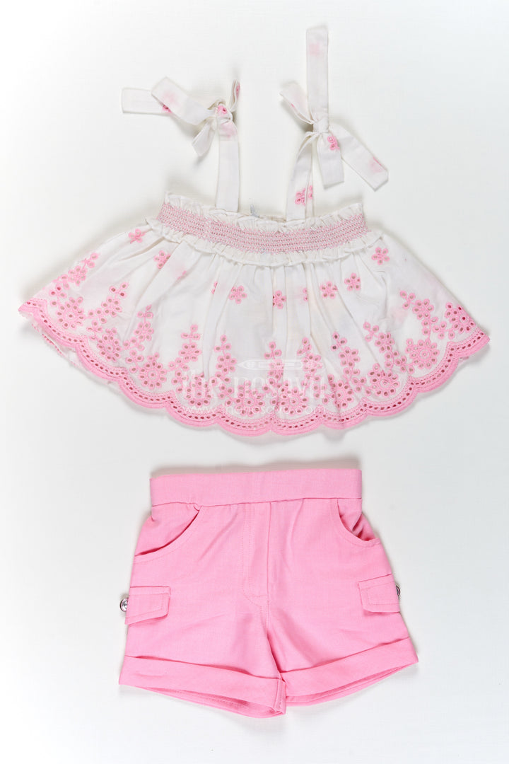 Baby Girls Cotton Sparkly Light Pink Dress with Hakoba Embroidery and Sleeveless Bow-Tied Top