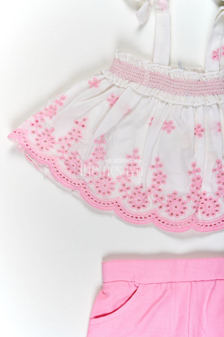 Baby Girls Cotton Sparkly Light Pink Dress with Hakoba Embroidery and Sleeveless Bow-Tied Top