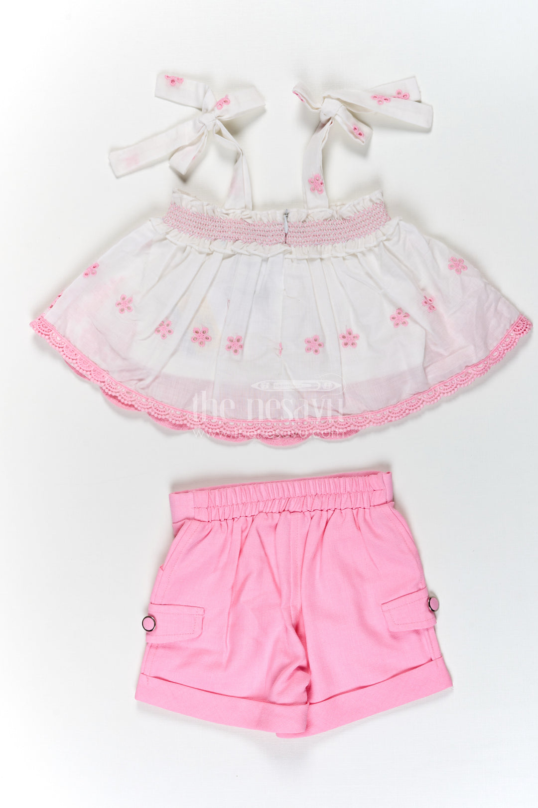 Baby Girls Cotton Sparkly Light Pink Dress with Hakoba Embroidery and Sleeveless Bow-Tied Top