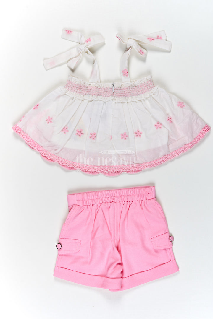 Baby Girls Cotton Sparkly Light Pink Dress with Hakoba Embroidery and Sleeveless Bow-Tied Top