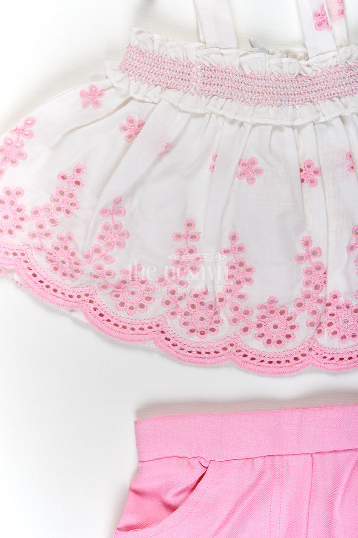 Baby Girls Cotton Sparkly Light Pink Dress with Hakoba Embroidery and Sleeveless Bow-Tied Top